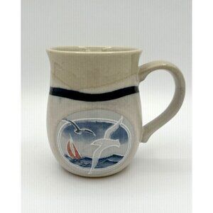 Vtg Otagiri Mug Coffee Tea‎ Sailboat Flying Seagull Blue Trim Stoneware Nautical